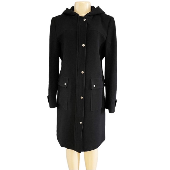 MICHAEL Michael Kors Jackets & Blazers - Michael Kors Black Wool Zip Snap Button Front Hooded Pocket Mid Knee Overcoat